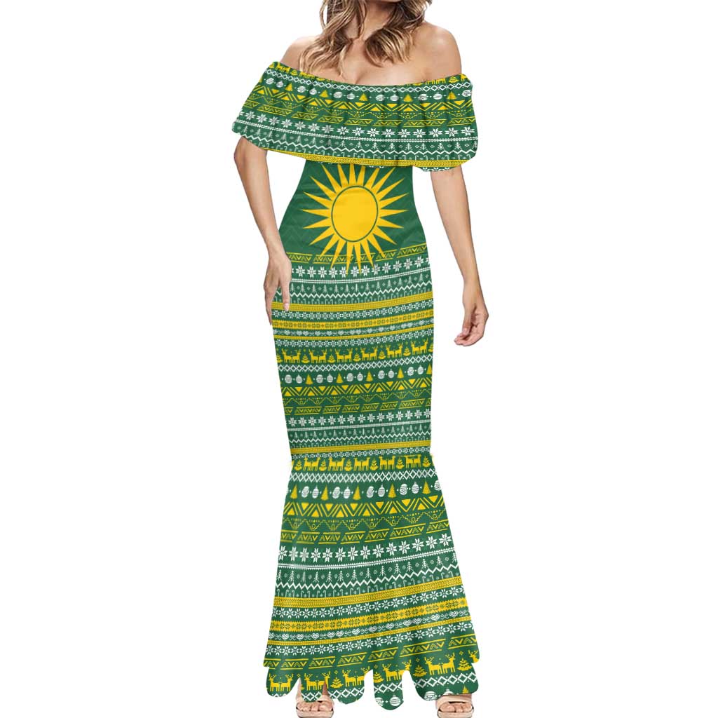Rwanda Christmas Mermaid Dress with Green-Yellow Pattern, National Emblem, and Radiant Sun Motif - Wonder Print Shop