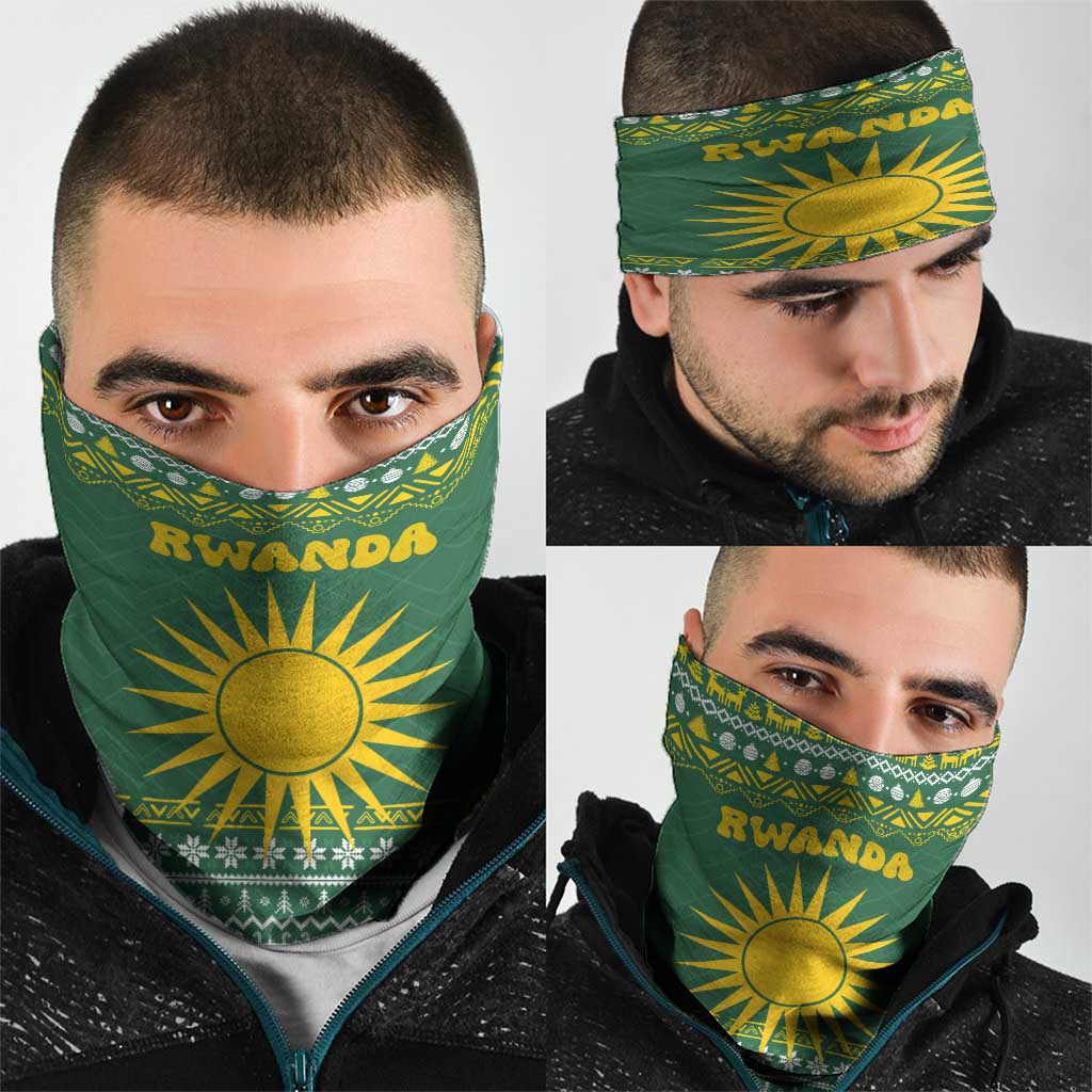 Rwanda Christmas Neck Gaiter with Green-Yellow Pattern, National Emblem, and Radiant Sun Motif - Wonder Print Shop