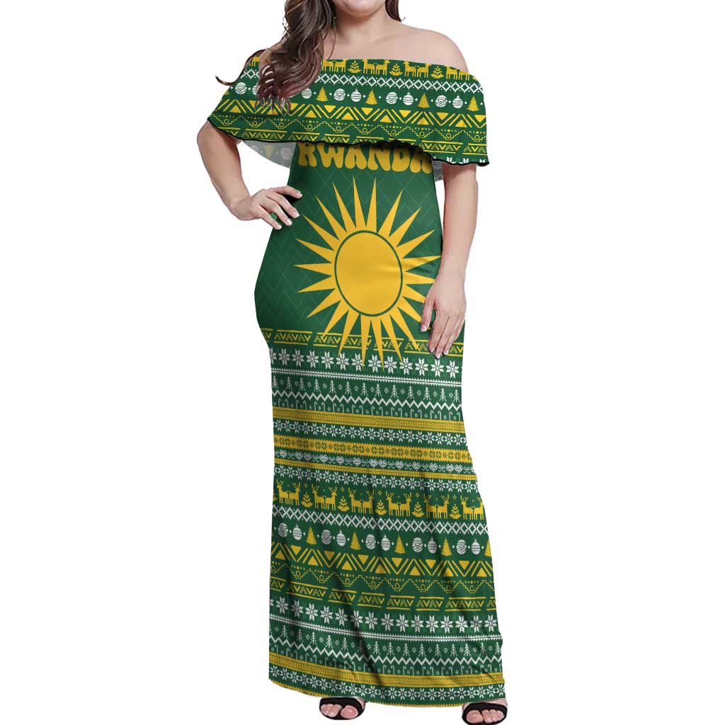 Rwanda Christmas Off Shoulder Maxi Dress with Green-Yellow Pattern, National Emblem, and Radiant Sun Motif - Wonder Print Shop