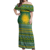 Rwanda Christmas Off Shoulder Maxi Dress with Green-Yellow Pattern, National Emblem, and Radiant Sun Motif - Wonder Print Shop