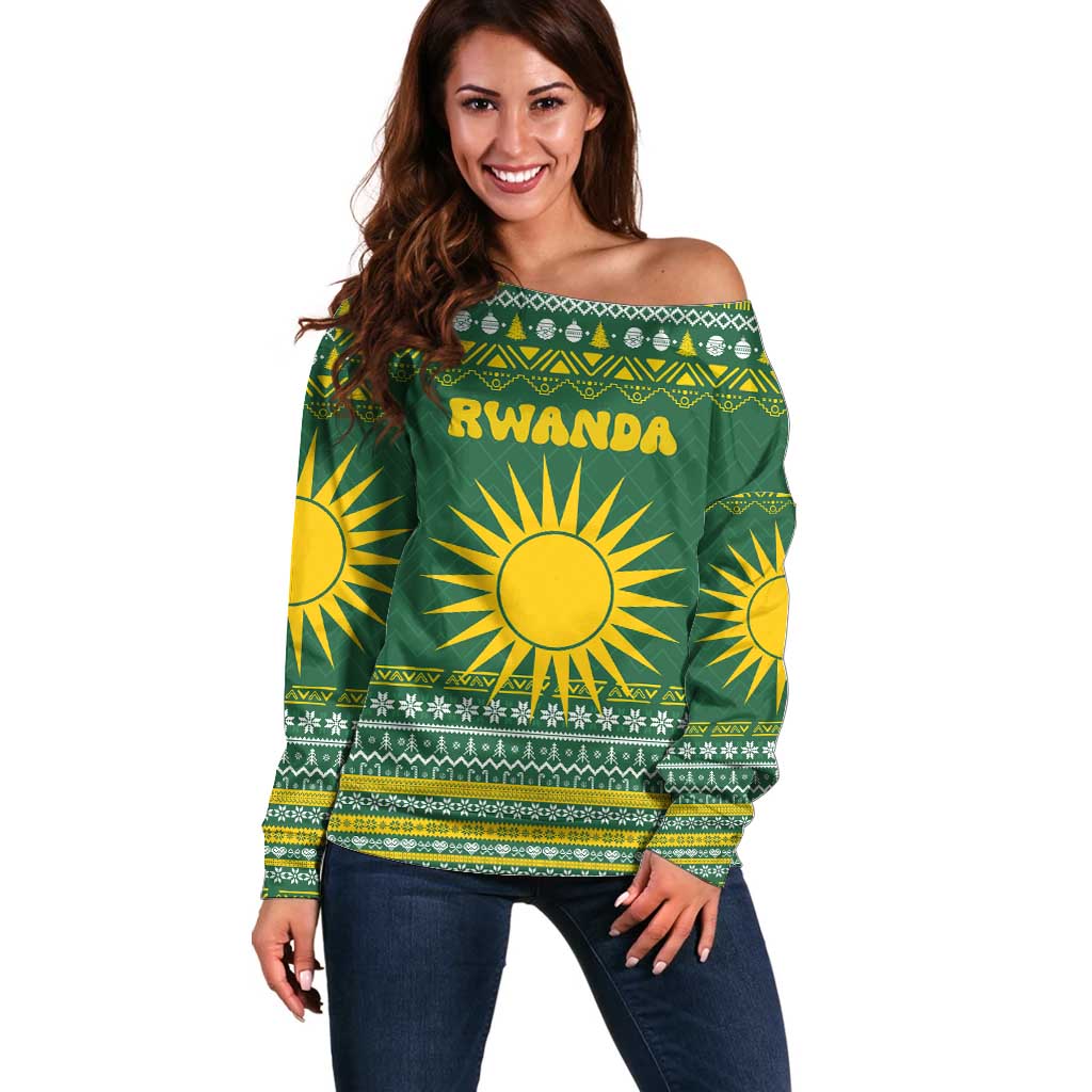 Rwanda Christmas Off Shoulder Sweater with Green-Yellow Pattern, National Emblem, and Radiant Sun Motif - Wonder Print Shop