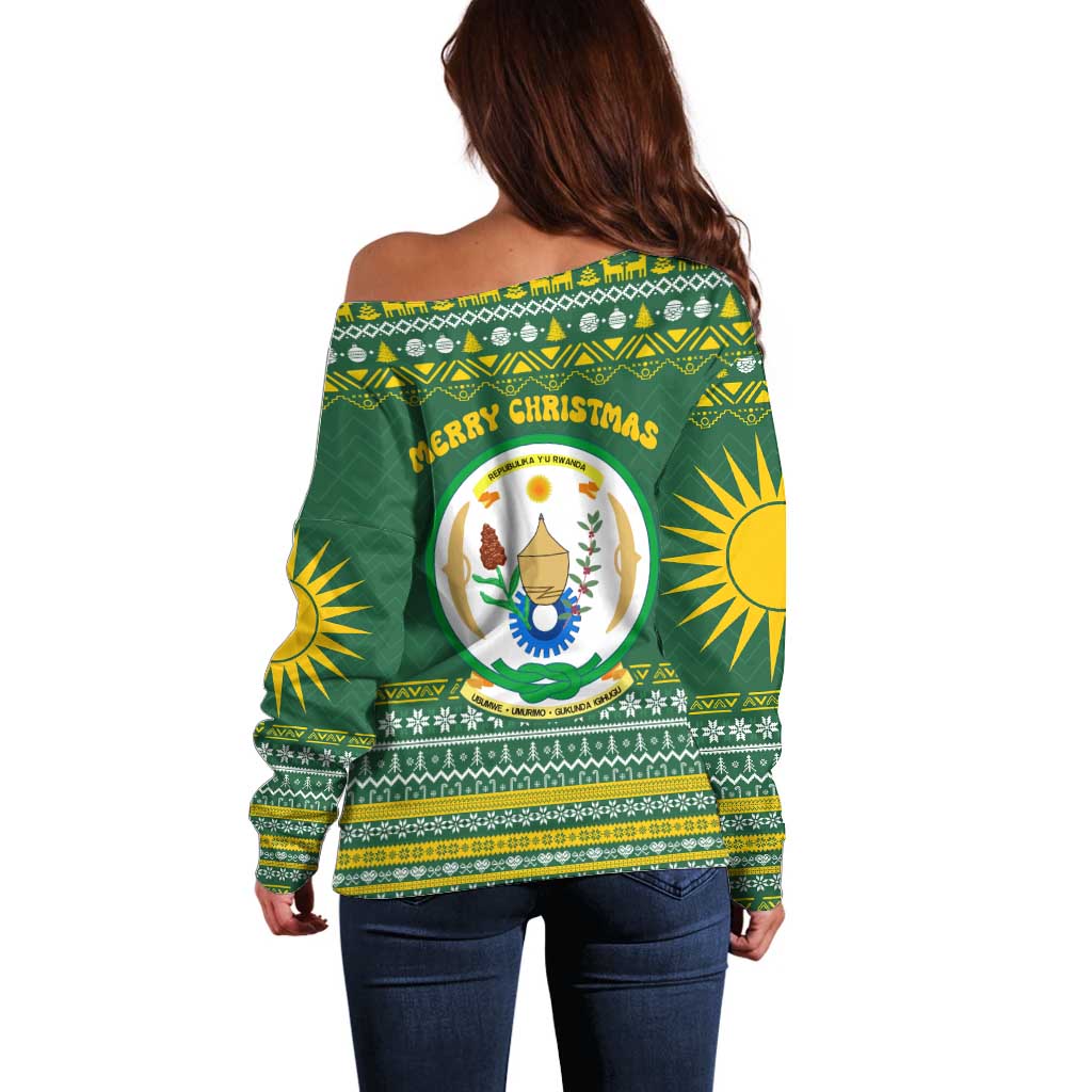 Rwanda Christmas Off Shoulder Sweater with Green-Yellow Pattern, National Emblem, and Radiant Sun Motif - Wonder Print Shop