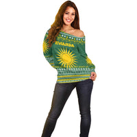 Rwanda Christmas Off Shoulder Sweater with Green-Yellow Pattern, National Emblem, and Radiant Sun Motif - Wonder Print Shop