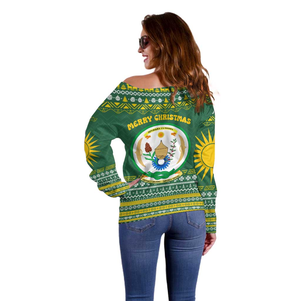 Rwanda Christmas Off Shoulder Sweater with Green-Yellow Pattern, National Emblem, and Radiant Sun Motif - Wonder Print Shop