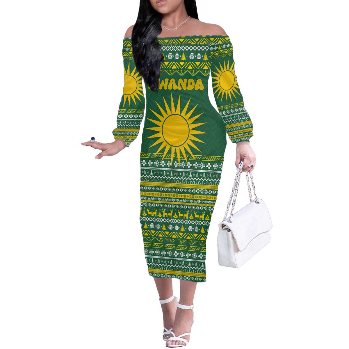 Rwanda Christmas Off The Shoulder Long Sleeve Dress with Green-Yellow Pattern, National Emblem, and Radiant Sun Motif - Wonder Print Shop