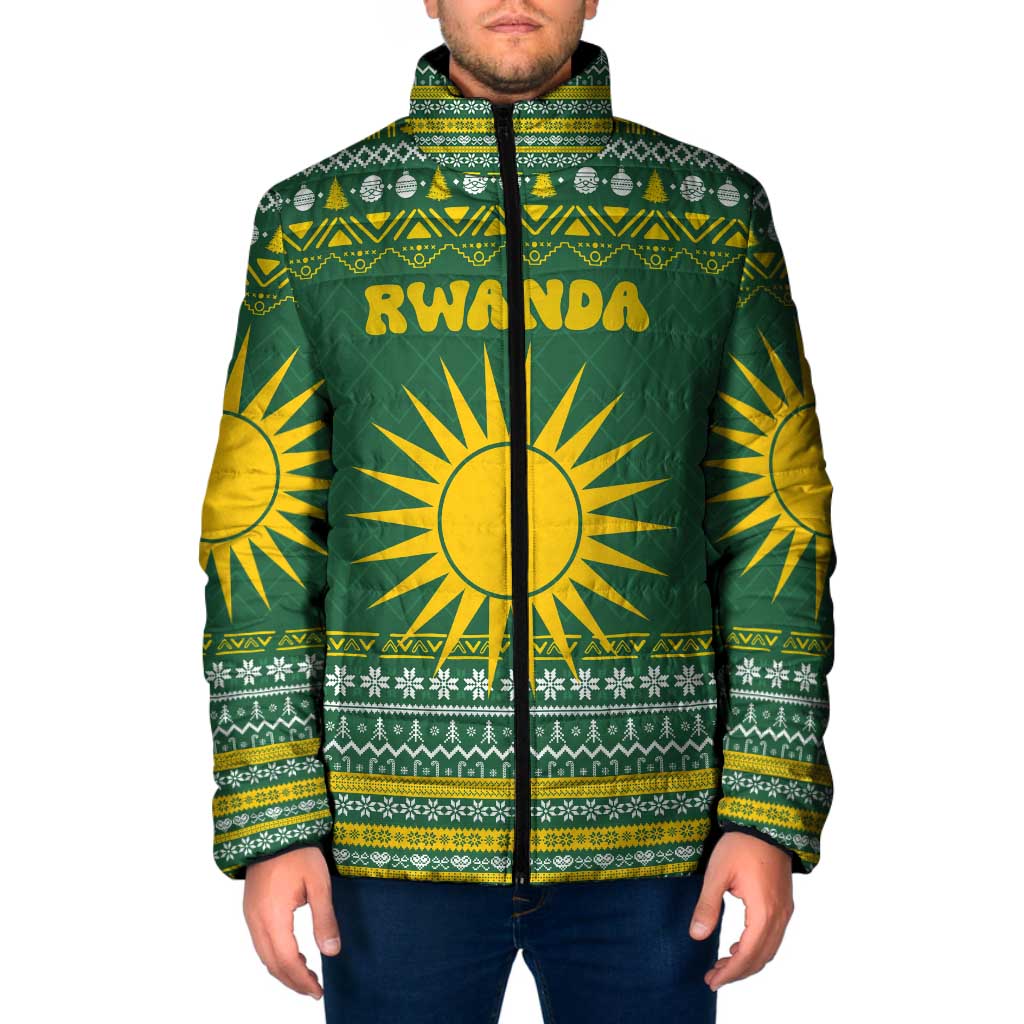 Rwanda Christmas Padded Jacket with Green-Yellow Pattern, National Emblem, and Radiant Sun Motif - Wonder Print Shop