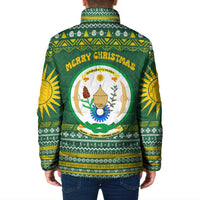 Rwanda Christmas Padded Jacket with Green-Yellow Pattern, National Emblem, and Radiant Sun Motif - Wonder Print Shop