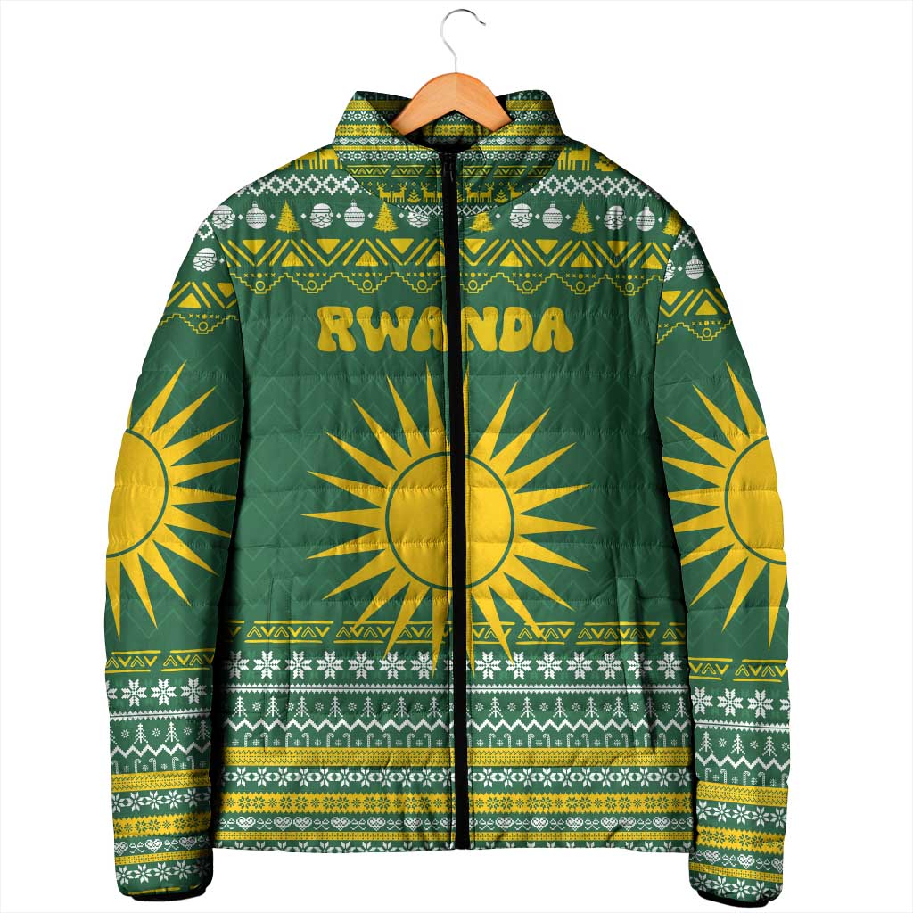 Rwanda Christmas Padded Jacket with Green-Yellow Pattern, National Emblem, and Radiant Sun Motif - Wonder Print Shop