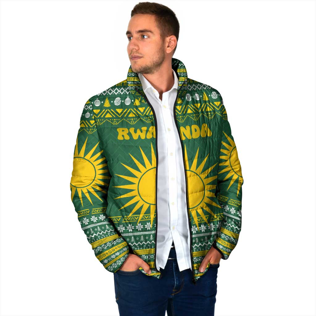 Rwanda Christmas Padded Jacket with Green-Yellow Pattern, National Emblem, and Radiant Sun Motif - Wonder Print Shop