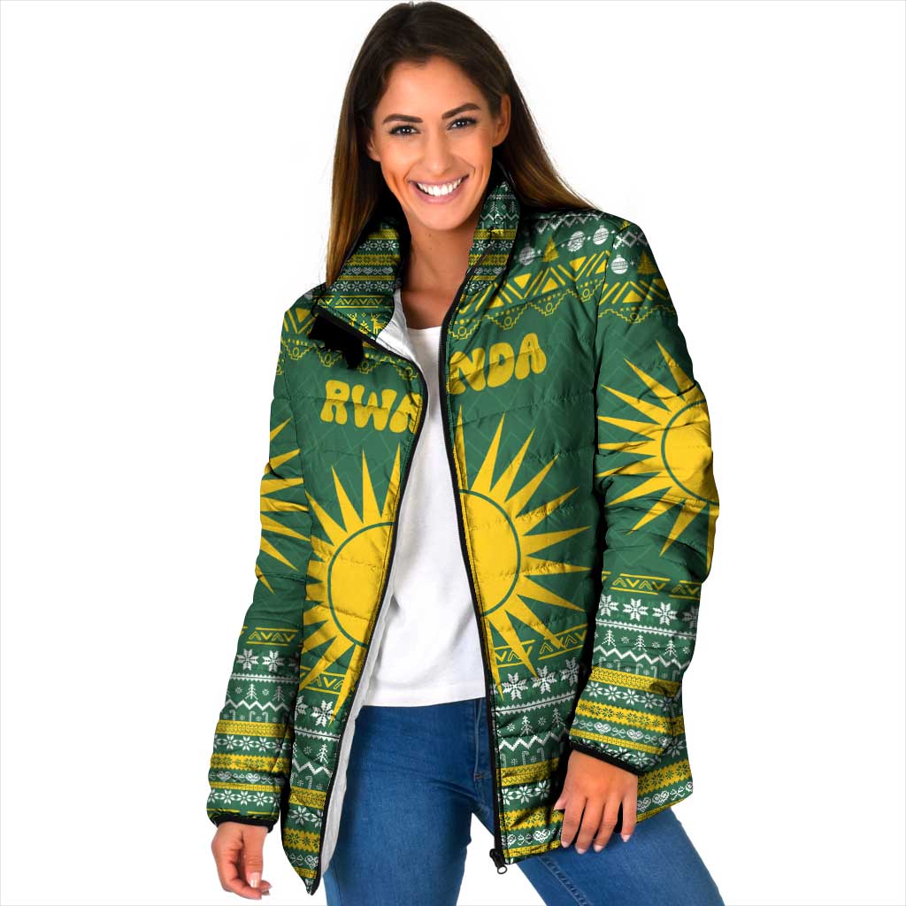 Rwanda Christmas Padded Jacket with Green-Yellow Pattern, National Emblem, and Radiant Sun Motif - Wonder Print Shop