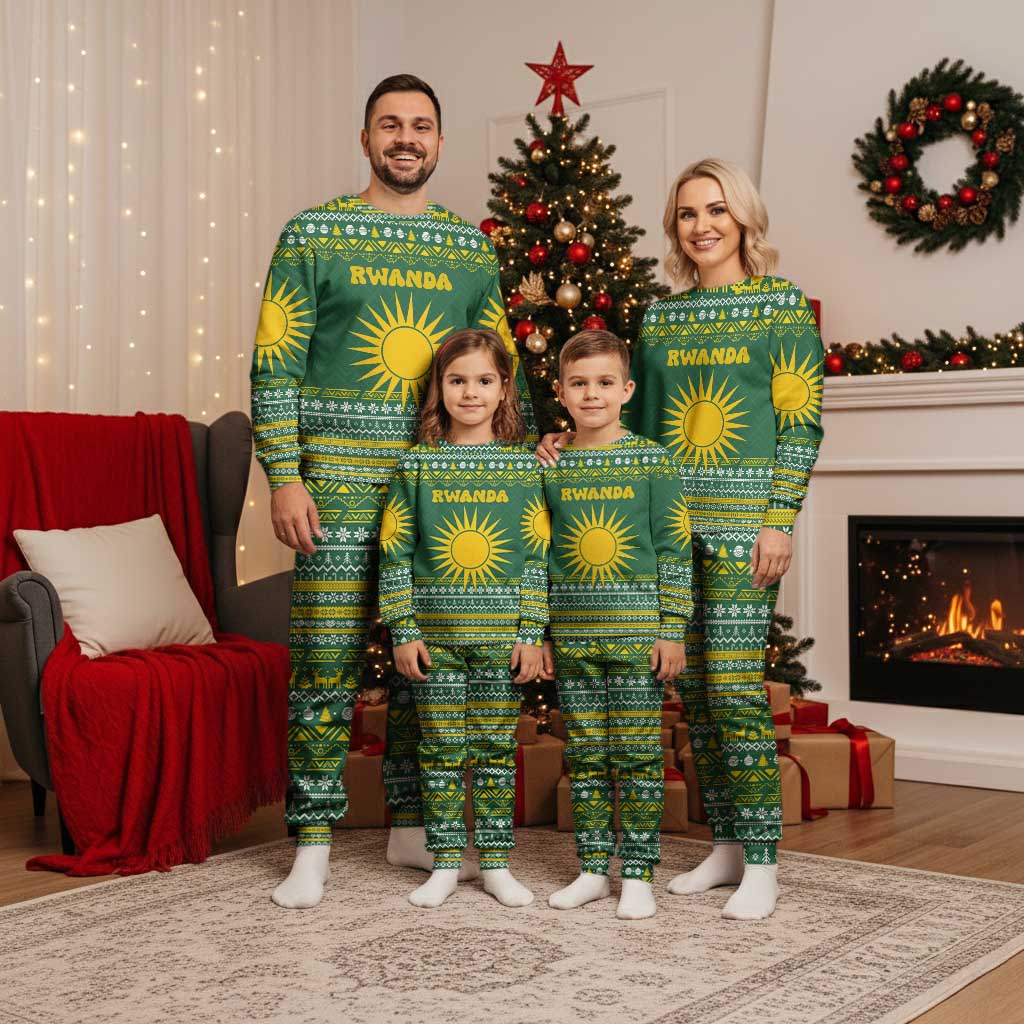 Rwanda Christmas Pajama Set with Green-Yellow Pattern, National Emblem, and Radiant Sun Motif - Wonder Print Shop