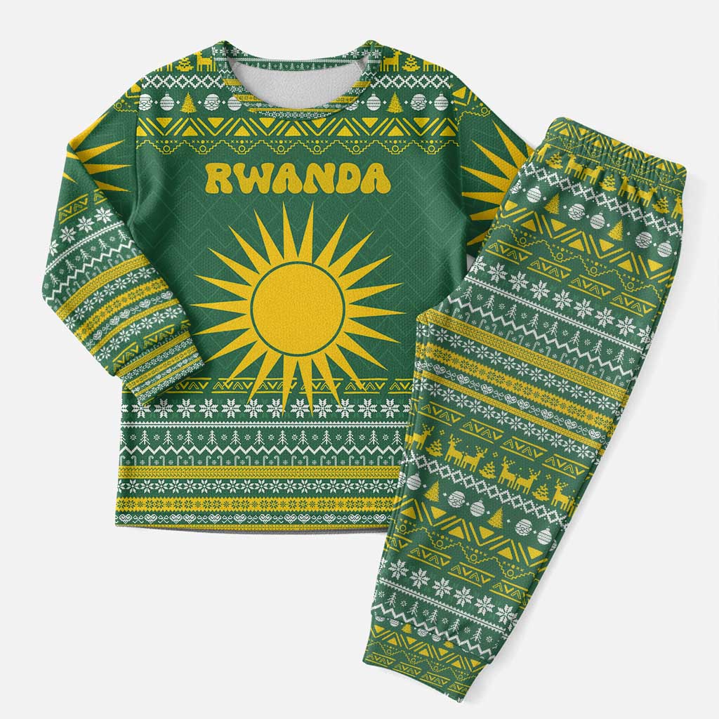 Rwanda Christmas Pajama Set with Green-Yellow Pattern, National Emblem, and Radiant Sun Motif - Wonder Print Shop