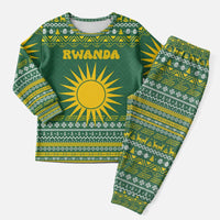 Rwanda Christmas Pajama Set with Green-Yellow Pattern, National Emblem, and Radiant Sun Motif - Wonder Print Shop