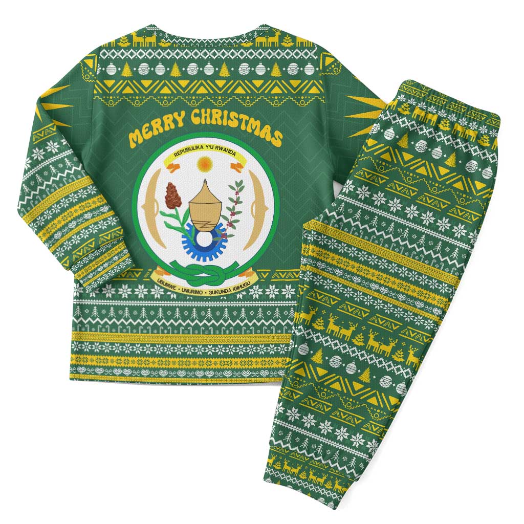 Rwanda Christmas Pajama Set with Green-Yellow Pattern, National Emblem, and Radiant Sun Motif - Wonder Print Shop