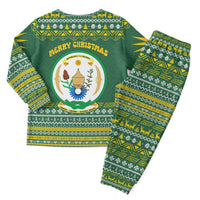 Rwanda Christmas Pajama Set with Green-Yellow Pattern, National Emblem, and Radiant Sun Motif - Wonder Print Shop