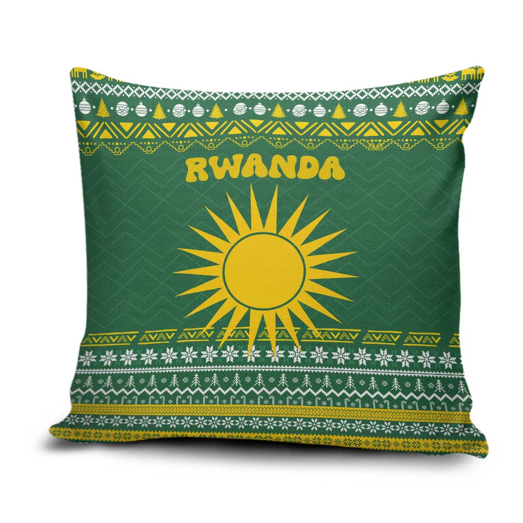 Rwanda Christmas Pillow Cover with Green-Yellow Pattern, National Emblem, and Radiant Sun Motif - Wonder Print Shop