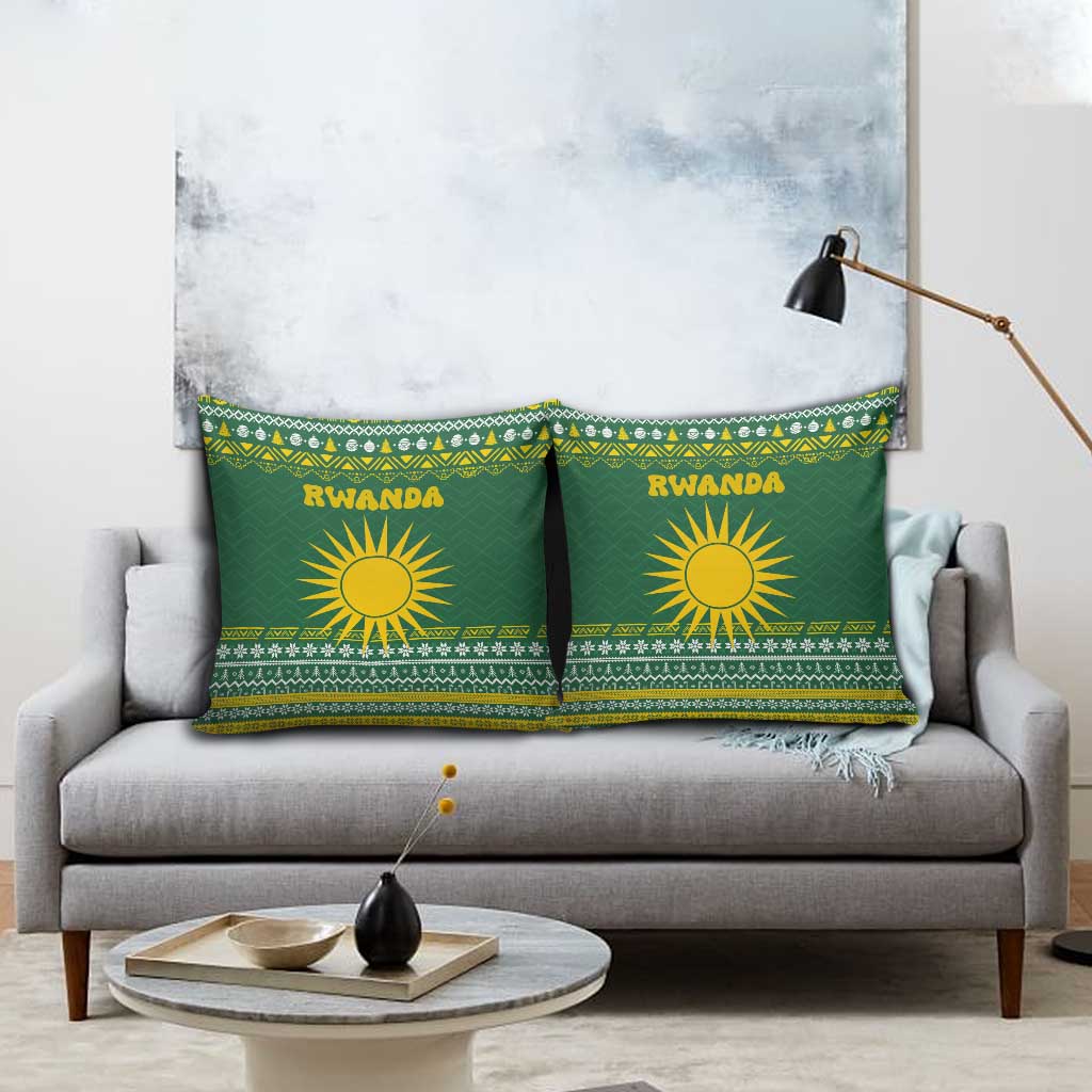 Rwanda Christmas Pillow Cover with Green-Yellow Pattern, National Emblem, and Radiant Sun Motif - Wonder Print Shop