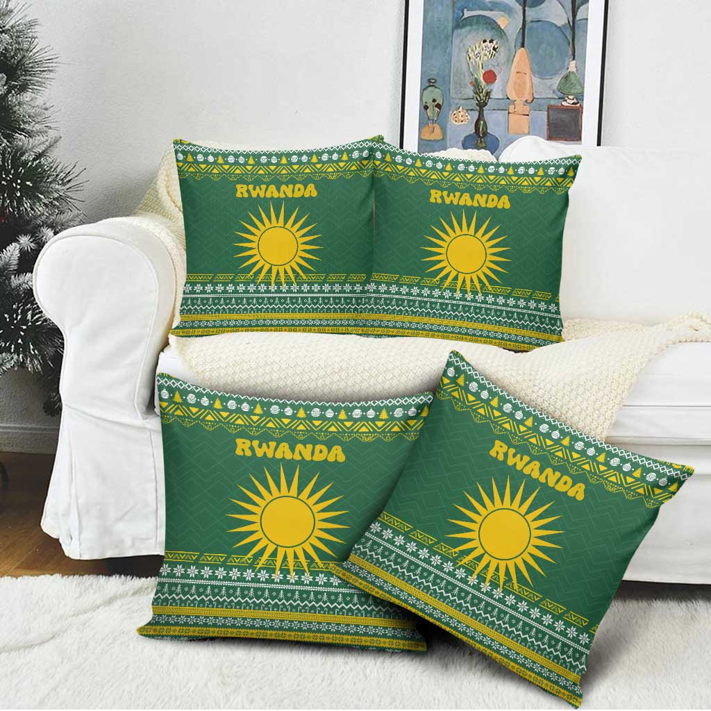Rwanda Christmas Pillow Cover with Green-Yellow Pattern, National Emblem, and Radiant Sun Motif - Wonder Print Shop