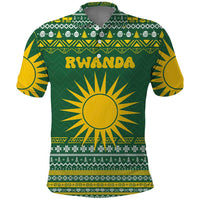Rwanda Christmas Polo Shirt with Green-Yellow Pattern, National Emblem, and Radiant Sun Motif - Wonder Print Shop