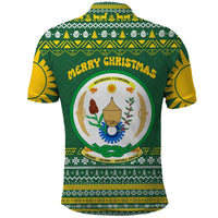 Rwanda Christmas Polo Shirt with Green-Yellow Pattern, National Emblem, and Radiant Sun Motif - Wonder Print Shop