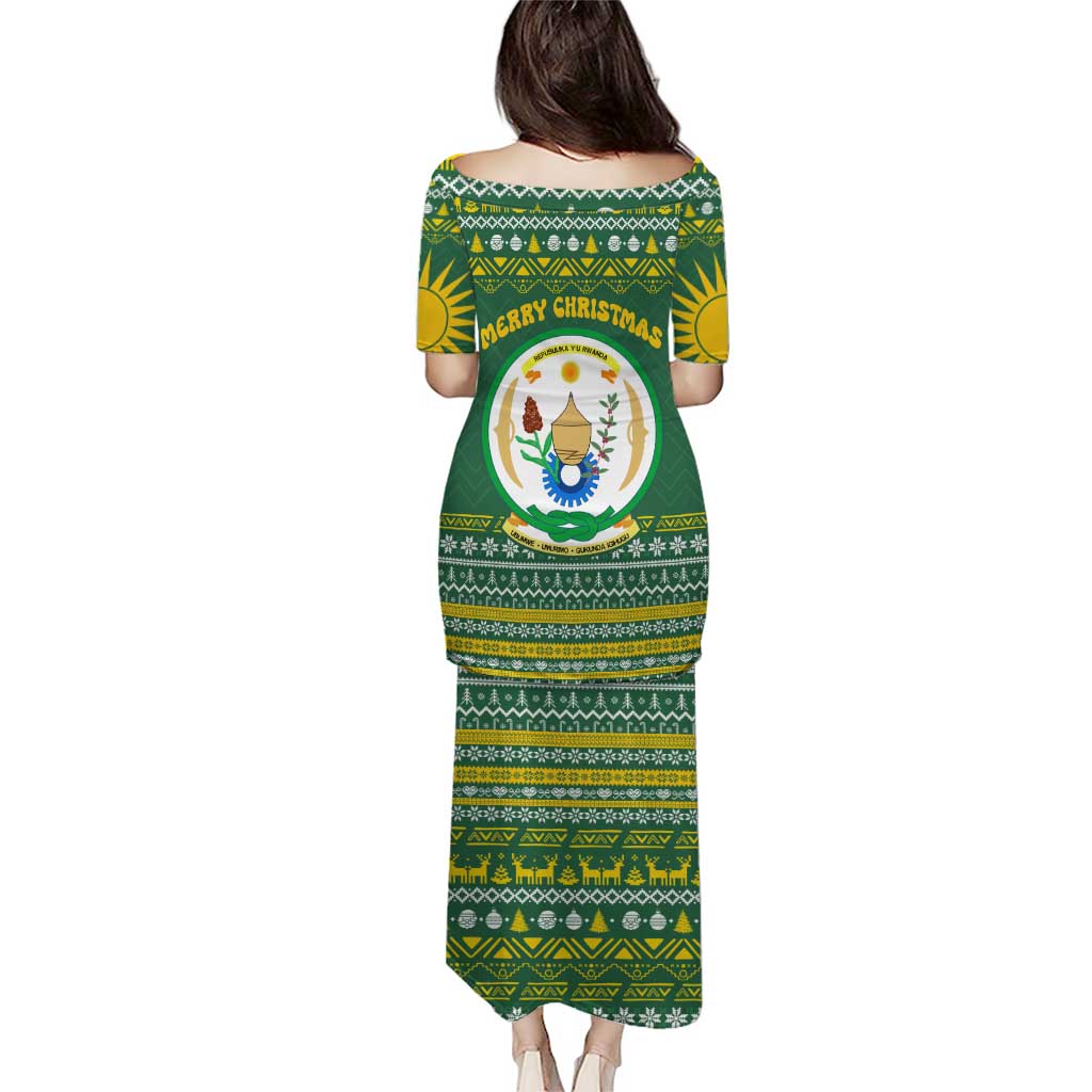 Rwanda Christmas Puletasi with Green-Yellow Pattern, National Emblem, and Radiant Sun Motif - Wonder Print Shop