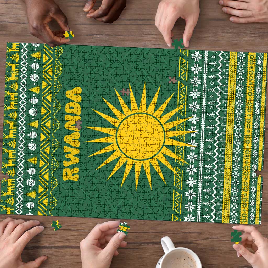 Rwanda Christmas Puzzle with Green-Yellow Pattern, National Emblem, and Radiant Sun Motif - Wonder Print Shop