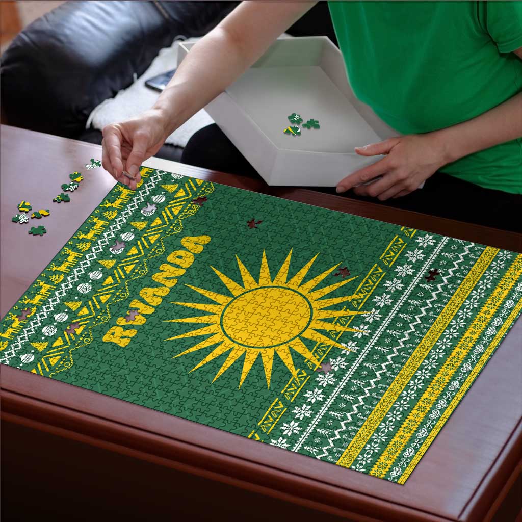 Rwanda Christmas Puzzle with Green-Yellow Pattern, National Emblem, and Radiant Sun Motif - Wonder Print Shop