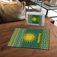 Rwanda Christmas Puzzle with Green-Yellow Pattern, National Emblem, and Radiant Sun Motif - Wonder Print Shop