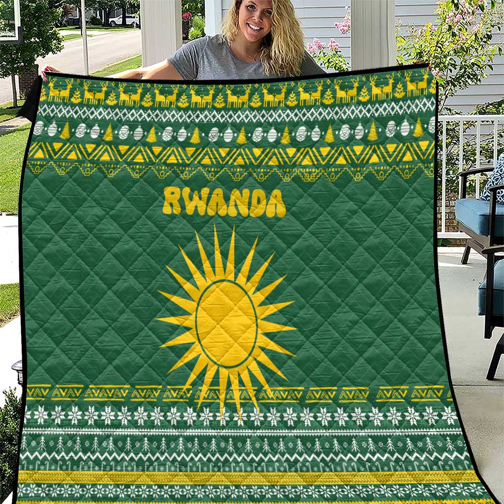 Rwanda Christmas Quilt with Green-Yellow Pattern, National Emblem, and Radiant Sun Motif - Wonder Print Shop