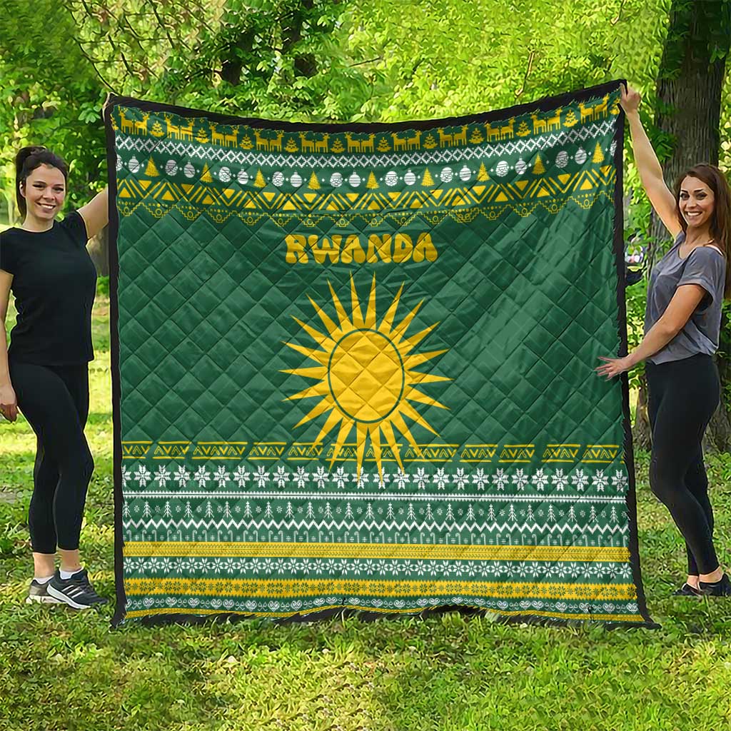 Rwanda Christmas Quilt with Green-Yellow Pattern, National Emblem, and Radiant Sun Motif - Wonder Print Shop