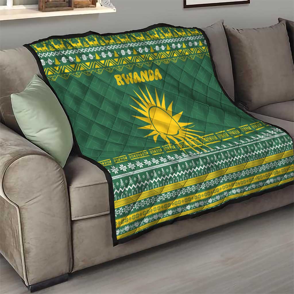 Rwanda Christmas Quilt with Green-Yellow Pattern, National Emblem, and Radiant Sun Motif - Wonder Print Shop