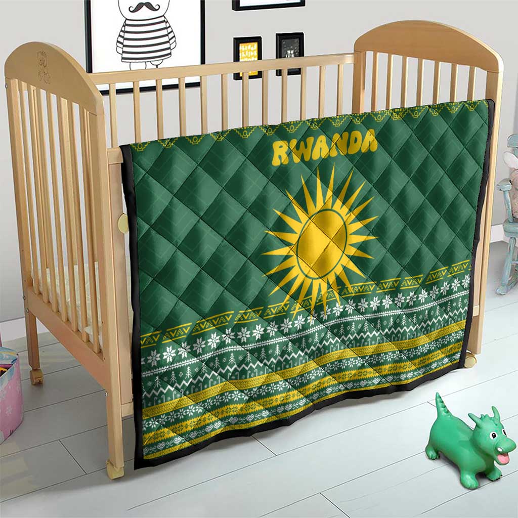 Rwanda Christmas Quilt with Green-Yellow Pattern, National Emblem, and Radiant Sun Motif - Wonder Print Shop