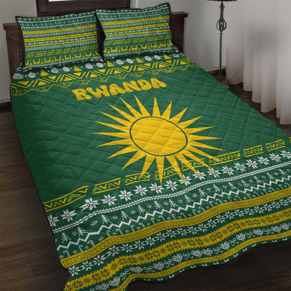 Rwanda Christmas Quilt Bed Set with Green-Yellow Pattern, National Emblem, and Radiant Sun Motif - Wonder Print Shop