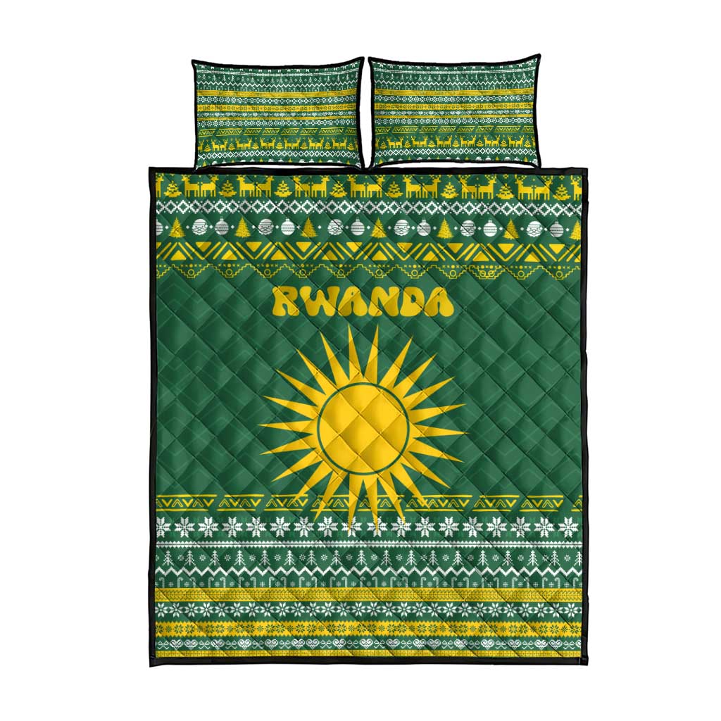 Rwanda Christmas Quilt Bed Set with Green-Yellow Pattern, National Emblem, and Radiant Sun Motif - Wonder Print Shop