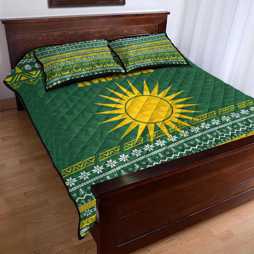 Rwanda Christmas Quilt Bed Set with Green-Yellow Pattern, National Emblem, and Radiant Sun Motif - Wonder Print Shop