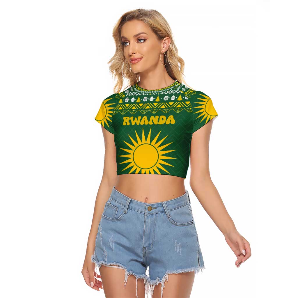 Rwanda Christmas Raglan Cropped T Shirt with Green-Yellow Pattern, National Emblem, and Radiant Sun Motif - Wonder Print Shop