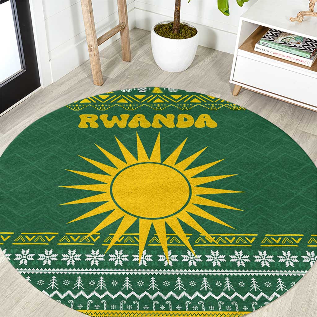Rwanda Christmas Round Carpet with Green-Yellow Pattern, National Emblem, and Radiant Sun Motif - Wonder Print Shop