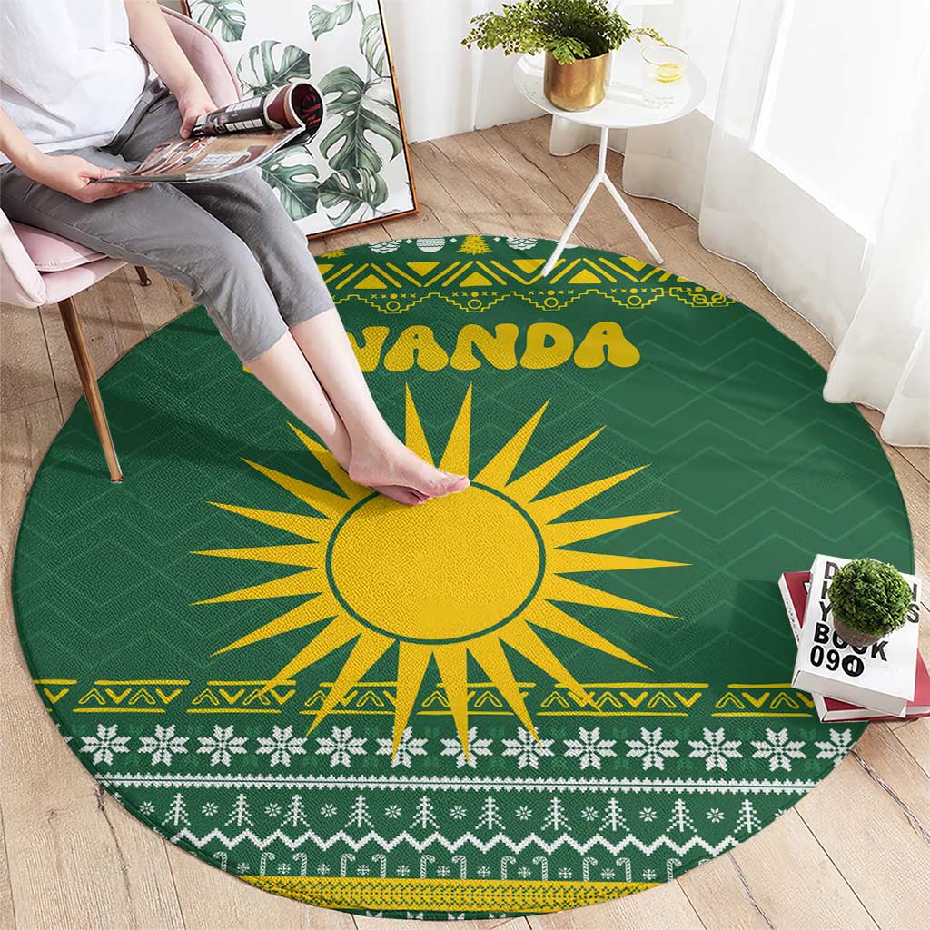 Rwanda Christmas Round Carpet with Green-Yellow Pattern, National Emblem, and Radiant Sun Motif - Wonder Print Shop