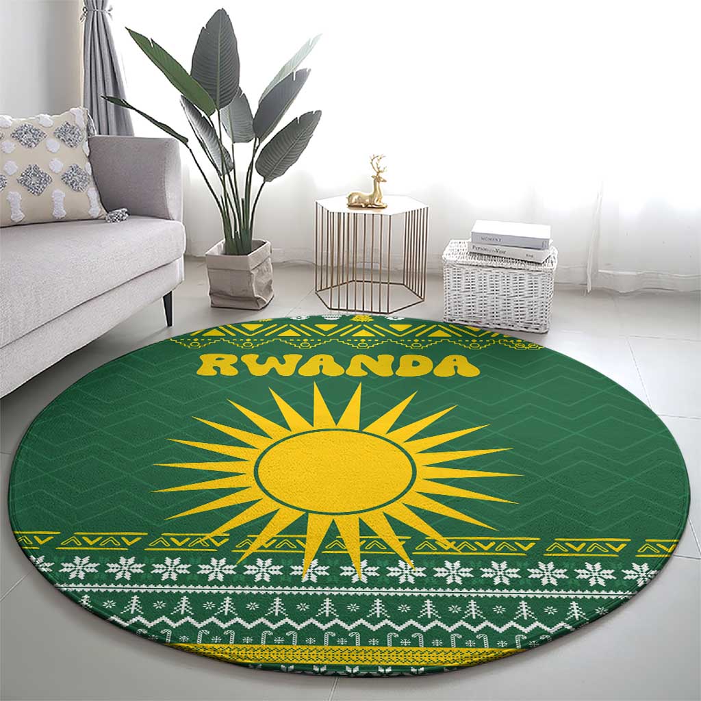 Rwanda Christmas Round Carpet with Green-Yellow Pattern, National Emblem, and Radiant Sun Motif - Wonder Print Shop