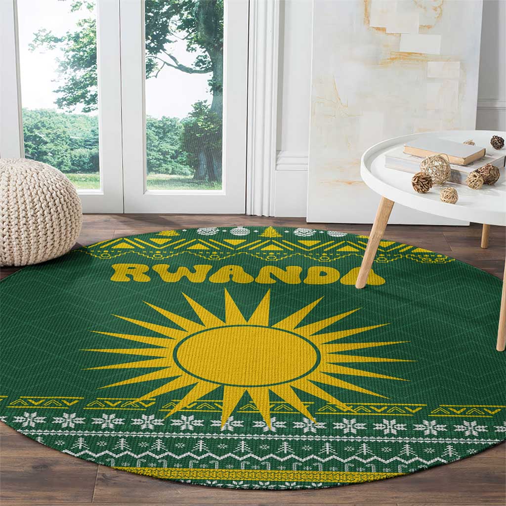 Rwanda Christmas Round Carpet with Green-Yellow Pattern, National Emblem, and Radiant Sun Motif - Wonder Print Shop