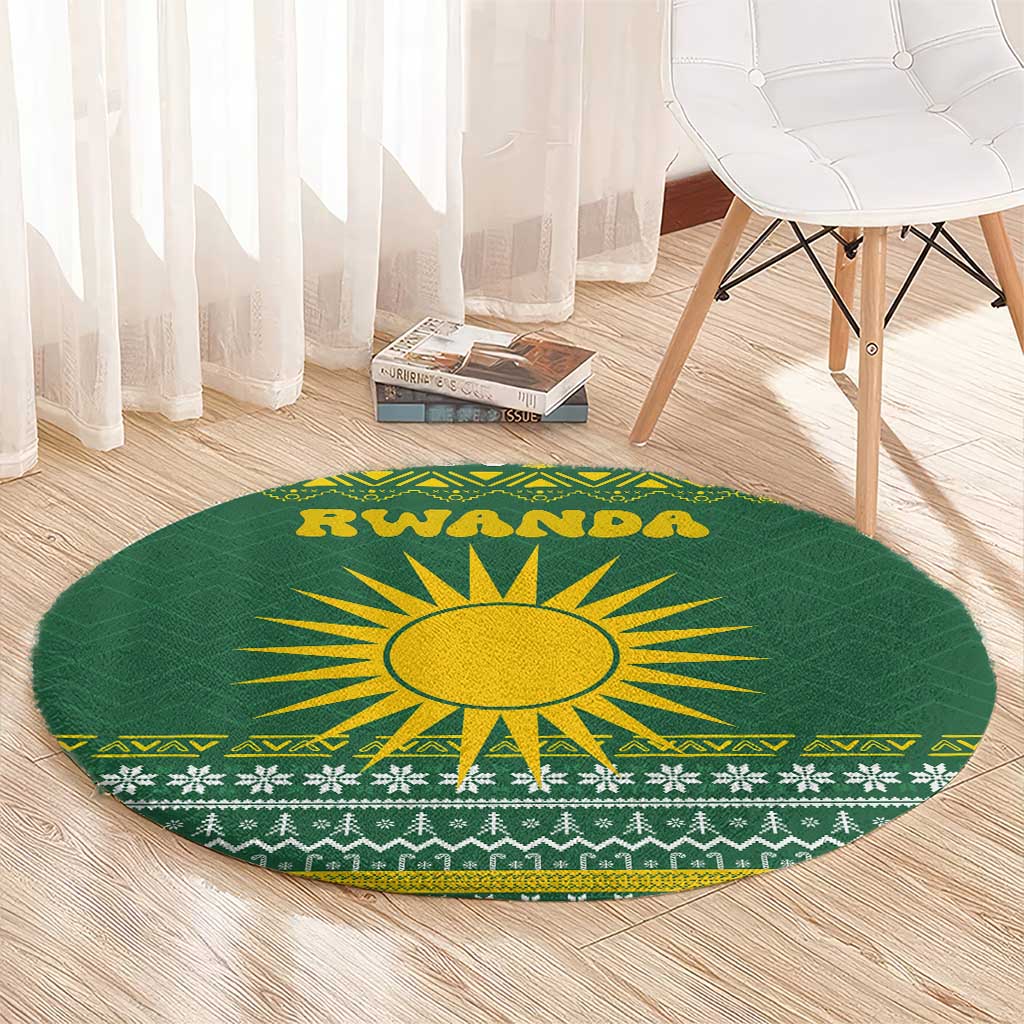 Rwanda Christmas Round Carpet with Green-Yellow Pattern, National Emblem, and Radiant Sun Motif - Wonder Print Shop