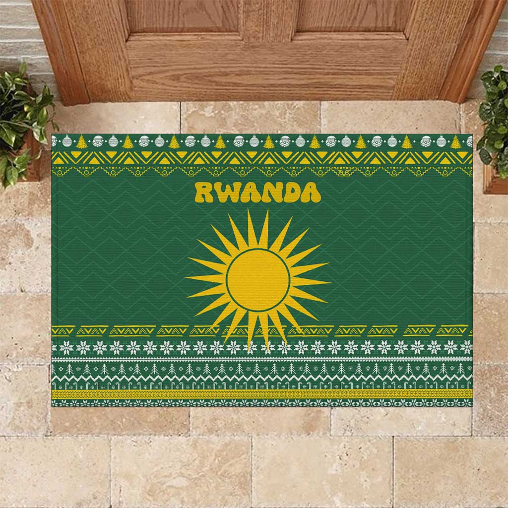 Rwanda Christmas Rubber Doormat with Green-Yellow Pattern, National Emblem, and Radiant Sun Motif - Wonder Print Shop