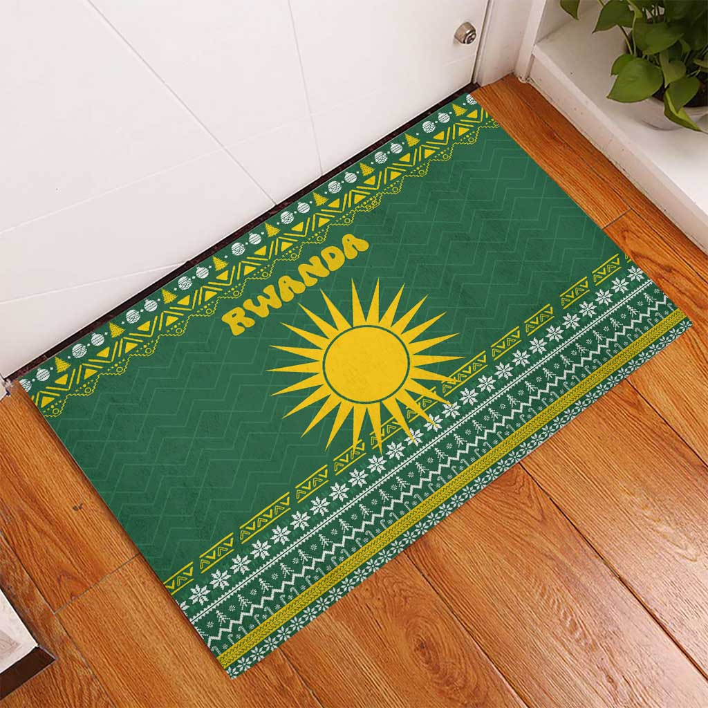 Rwanda Christmas Rubber Doormat with Green-Yellow Pattern, National Emblem, and Radiant Sun Motif - Wonder Print Shop
