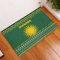 Rwanda Christmas Rubber Doormat with Green-Yellow Pattern, National Emblem, and Radiant Sun Motif - Wonder Print Shop