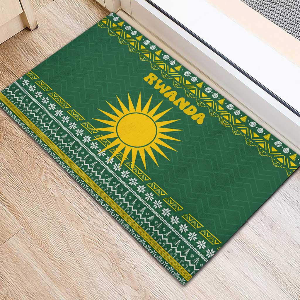Rwanda Christmas Rubber Doormat with Green-Yellow Pattern, National Emblem, and Radiant Sun Motif - Wonder Print Shop