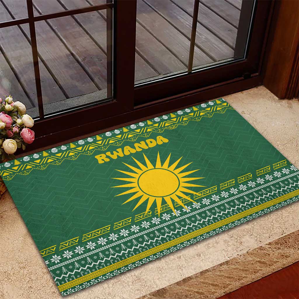 Rwanda Christmas Rubber Doormat with Green-Yellow Pattern, National Emblem, and Radiant Sun Motif - Wonder Print Shop