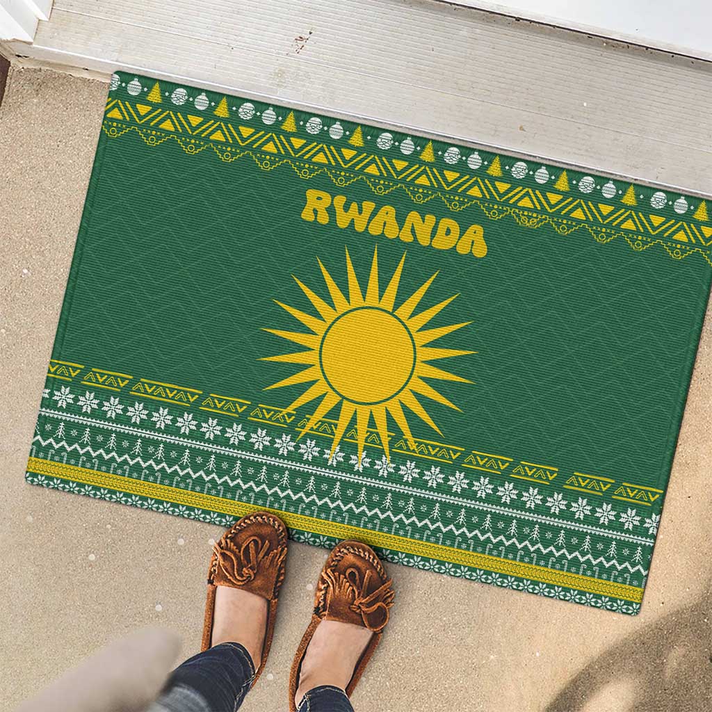 Rwanda Christmas Rubber Doormat with Green-Yellow Pattern, National Emblem, and Radiant Sun Motif - Wonder Print Shop