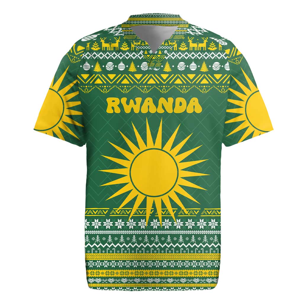 Rwanda Christmas Rugby Jersey with Green-Yellow Pattern, National Emblem, and Radiant Sun Motif - Wonder Print Shop