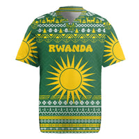 Rwanda Christmas Rugby Jersey with Green-Yellow Pattern, National Emblem, and Radiant Sun Motif - Wonder Print Shop