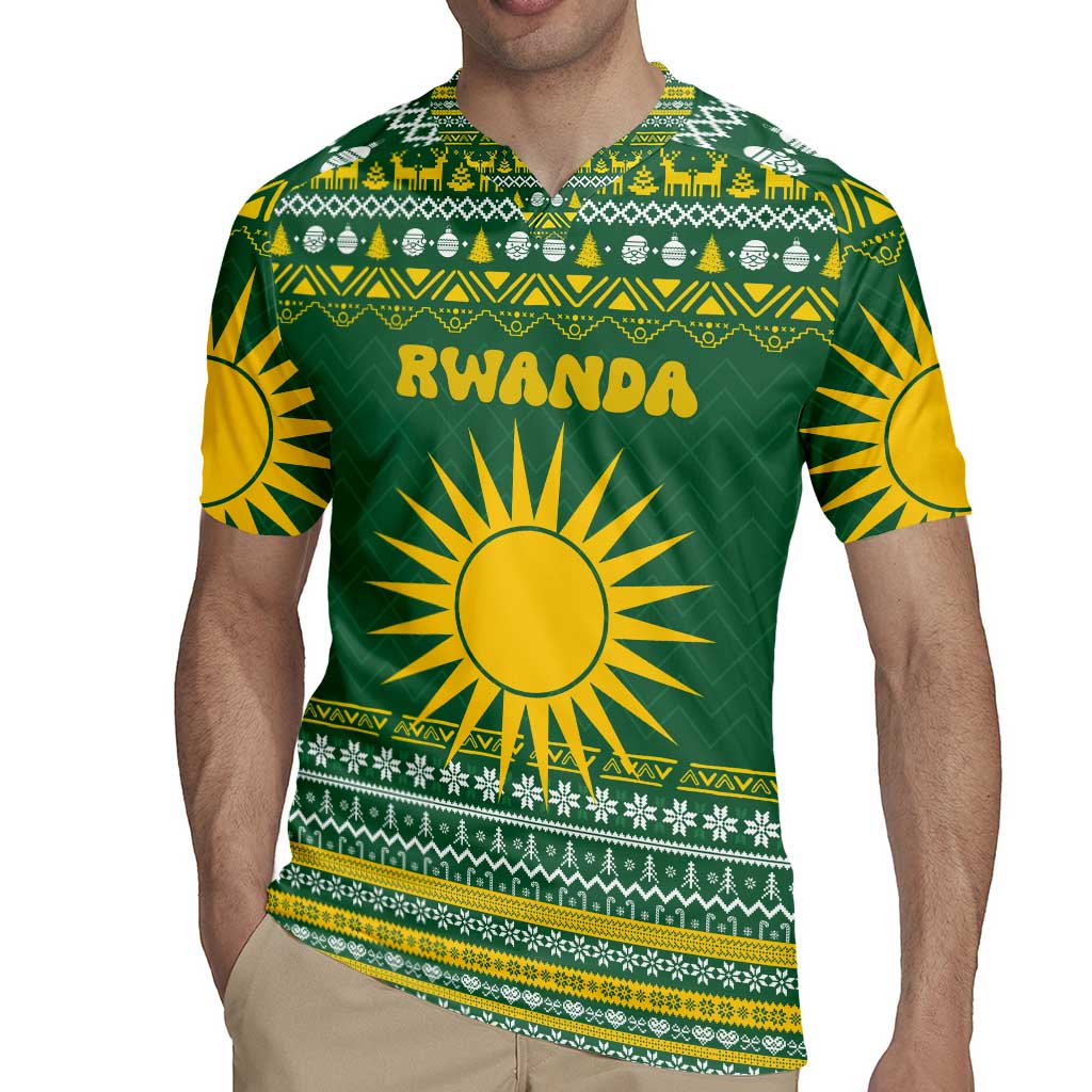 Rwanda Christmas Rugby Jersey with Green-Yellow Pattern, National Emblem, and Radiant Sun Motif - Wonder Print Shop